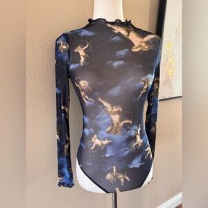 Angel Artistic Print Long Sleeve Mesh Bodysuit